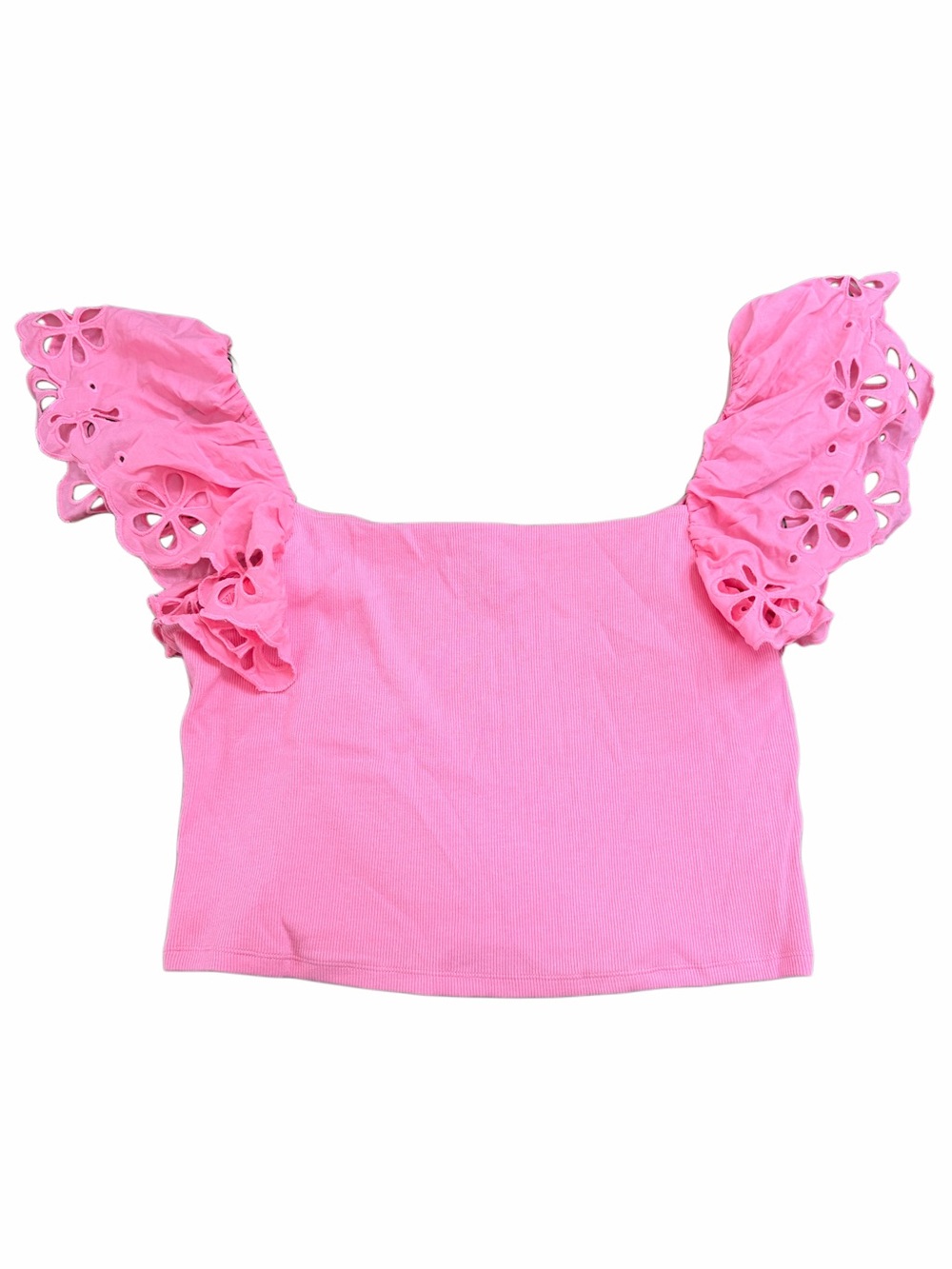 H&M Bright Pink Eyelet Ruffle Sleeve Crop Top
